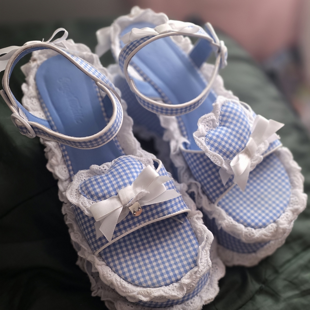 Gingham Eyelet Lace Ruffled Wedge Heels Sugar Thrillz - Blue